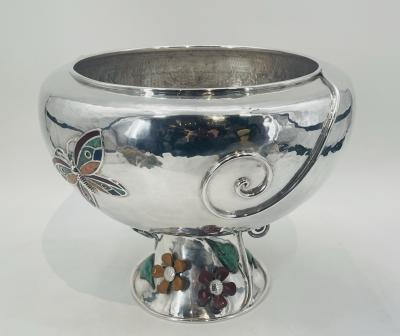 Emilia Castillo Lrg Silver Plate Punch Bowl with Stone Inlay by Emilia Castillo Mexican Silver