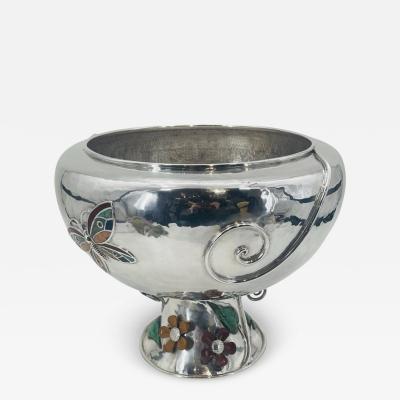 Emilia Castillo Lrg Silver Plate Punch Bowl with Stone Inlay by Emilia Castillo Mexican Silver