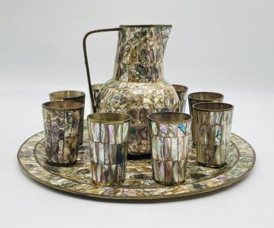 Emilia Castillo Mexican Brass and Abalone Shell Pitcher Set with Tray and Eight Cups 1950s
