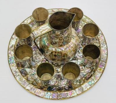 Emilia Castillo Mexican Brass and Abalone Shell Pitcher Set with Tray and Eight Cups 1950s