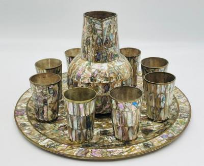 Emilia Castillo Mexican Brass and Abalone Shell Pitcher Set with Tray and Eight Cups 1950s