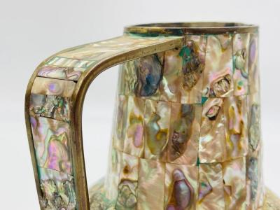 Emilia Castillo Mexican Brass and Abalone Shell Pitcher Set with Tray and Eight Cups 1950s