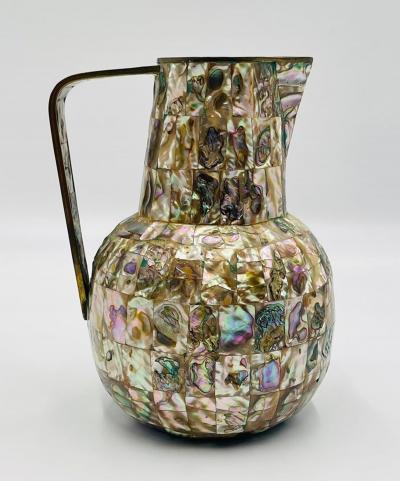 Emilia Castillo Mexican Brass and Abalone Shell Pitcher Set with Tray and Eight Cups 1950s