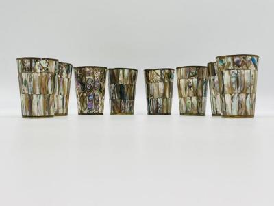 Emilia Castillo Mexican Brass and Abalone Shell Pitcher Set with Tray and Eight Cups 1950s