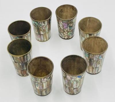 Emilia Castillo Mexican Brass and Abalone Shell Pitcher Set with Tray and Eight Cups 1950s