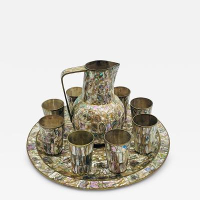 Emilia Castillo Mexican Brass and Abalone Shell Pitcher Set with Tray and Eight Cups 1950s