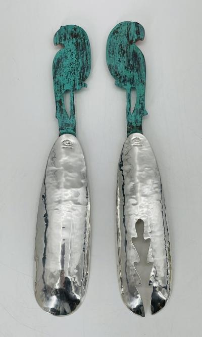 Emilia Castillo Rare Emilia Castillo Taxco Parrot Silverplate Verdigris Serving Utensils