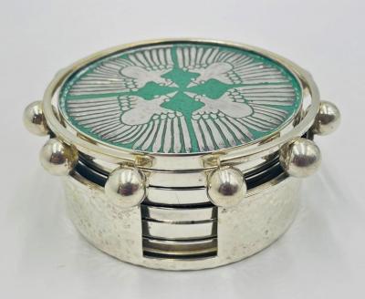 Emilia Castillo Set of 6 Porcelain Pure Silver Drink Coasters Holder by Emilia Castillo