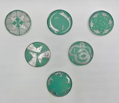 Emilia Castillo Set of 6 Porcelain Pure Silver Drink Coasters Holder by Emilia Castillo