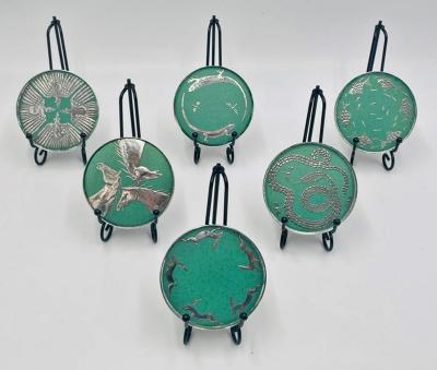 Emilia Castillo Set of 6 Porcelain Pure Silver Drink Coasters Holder by Emilia Castillo
