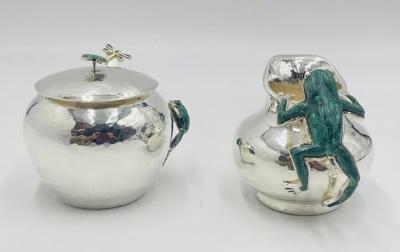 Emilia Castillo Silver Malachite Creamer Spoon Covered Sugar Pot Set by Emilia Castillo