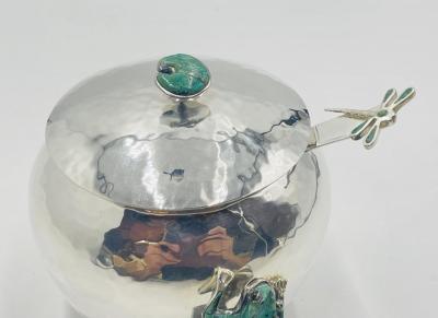 Emilia Castillo Silver Malachite Creamer Spoon Covered Sugar Pot Set by Emilia Castillo