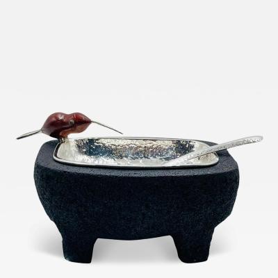 Emilia Castillo Volcanic Rock Serving Bowl With Silver Plate Jasper Bird by Emilia Castillo