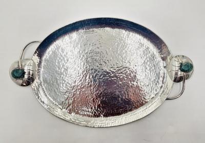Emilia Castillo Whimsical Silver Plate Malachite Serving Tray by Emilia Castillo Mexican Art
