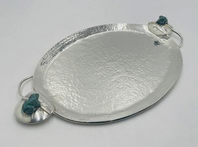 Emilia Castillo Whimsical Silver Plate Malachite Serving Tray by Emilia Castillo Mexican Art