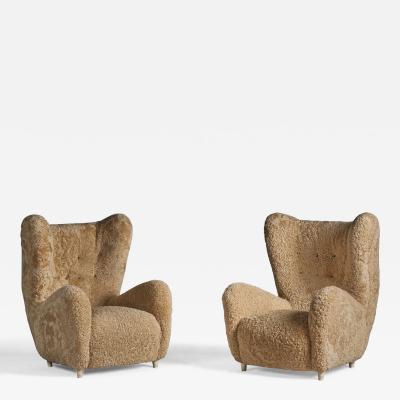 Emilio Sarrachi Sizeable Lounge Chairs with Shearling and Wood Italy 1940s