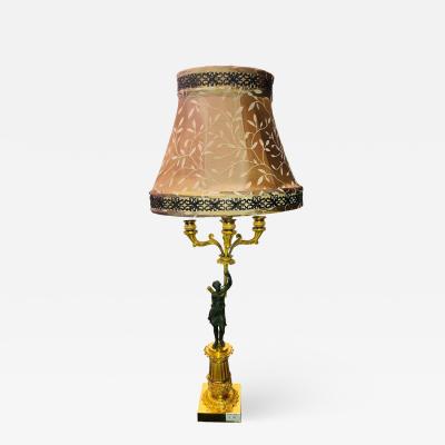 Empire Dor Bronze Candelabra Lamp Having a Patinated Woman Mounted as a Lamp