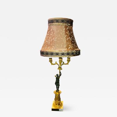 Empire Dor Bronze Candelabra Lamp Having a Patinated Woman Mounted as a Lamp