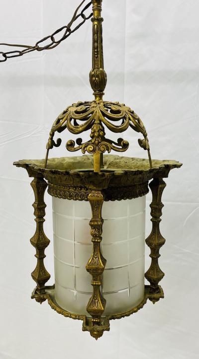 Empire Dore Lantern Chandelier Frosted Etched Glass 19th Century Solid Bronze