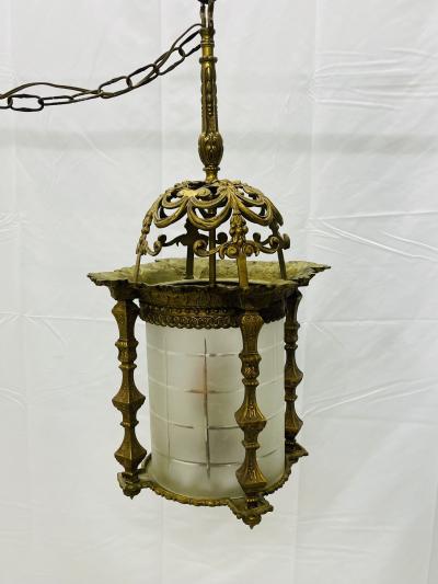 Empire Dore Lantern Chandelier Frosted Etched Glass 19th Century Solid Bronze