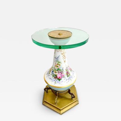 Empire Dresden Style Floral Vase End Table with Round Glass Top Brass Base