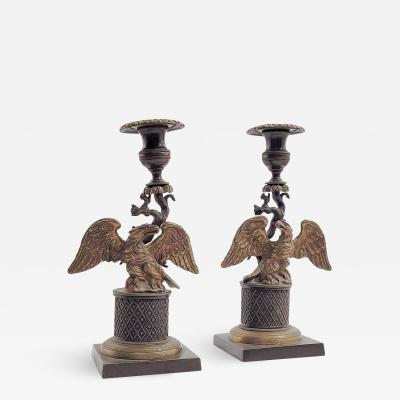 Empire Eagle Pair of Brass Candlesticks circa 1820
