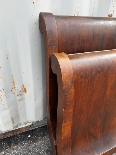 Empire Revival Period Burl Walnut Twin Size Sleigh Bed 2 available 