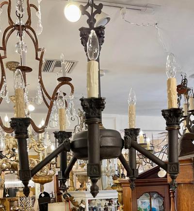 Empire Style Black Neoclassical Corinthian Column Six Light Chandelier