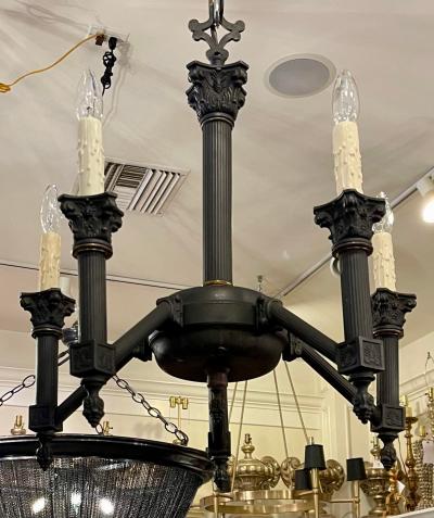 Empire Style Black Neoclassical Corinthian Column Six Light Chandelier