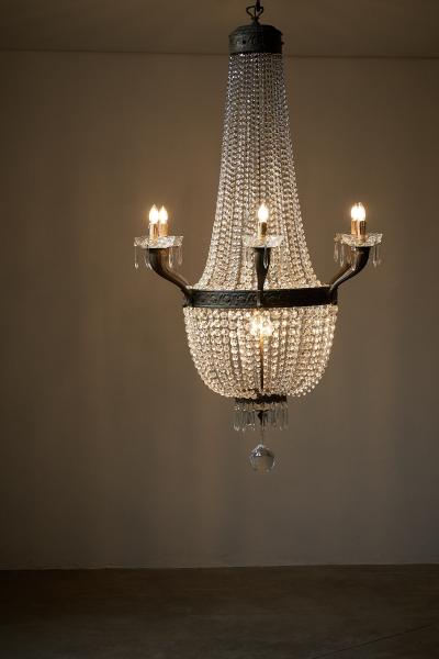 Empire Style Gilt Brass and Crystal Sac Perles Chandelier with Six Arms