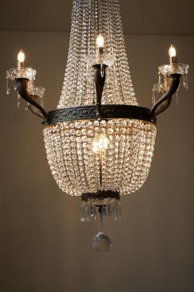 Empire Style Gilt Brass and Crystal Sac Perles Chandelier with Six Arms
