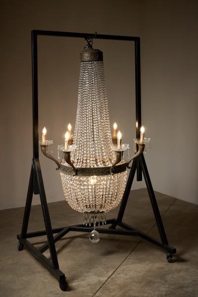 Empire Style Gilt Brass and Crystal Sac Perles Chandelier with Six Arms