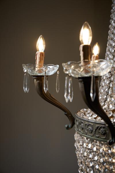 Empire Style Gilt Brass and Crystal Sac Perles Chandelier with Six Arms