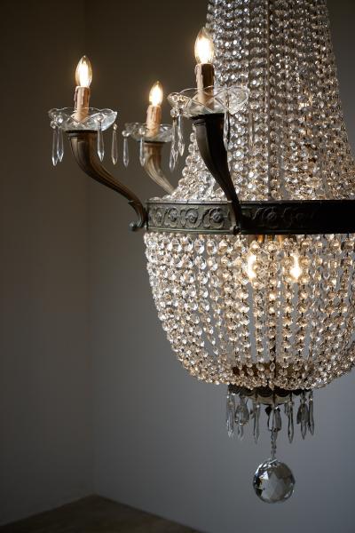 Empire Style Gilt Brass and Crystal Sac Perles Chandelier with Six Arms