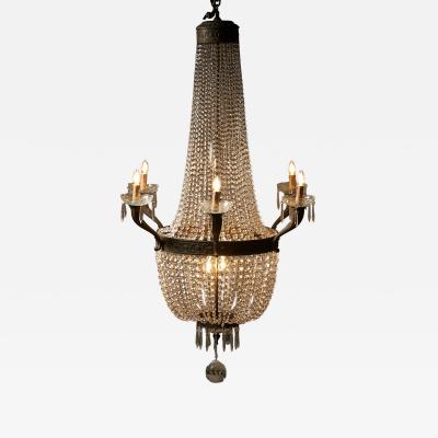 Empire Style Gilt Brass and Crystal Sac Perles Chandelier with Six Arms