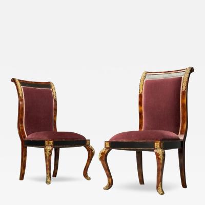 Empire Style Side Chairs Tortoise Shell Veneer Bronze Velvet 1980s