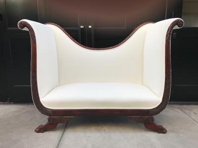 Empire Style Tall Back Loveseat with Carved Mahogany Base