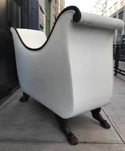 Empire Style Tall Back Loveseat with Carved Mahogany Base