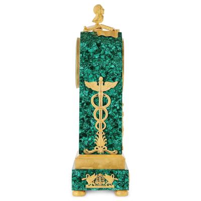 Empire period ormolu mounted malachite allegorical mantel clock