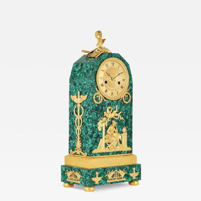 Empire period ormolu mounted malachite allegorical mantel clock