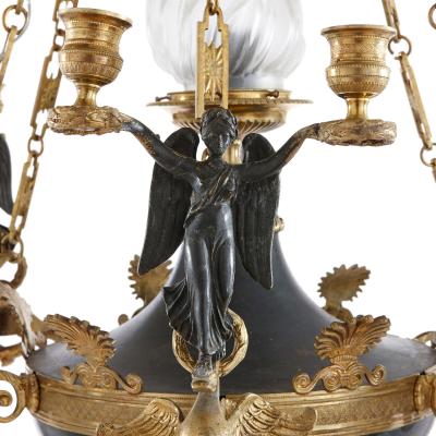 Empire style patinated and gilt bronze six light bowl chandelier