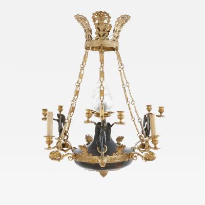 Empire style patinated and gilt bronze six light bowl chandelier