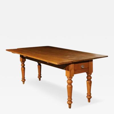 English 1875s Pine Drop Leaf Table with Two Lateral Drawers and Turned Legs