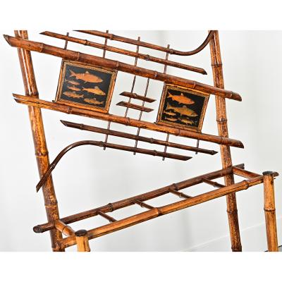 English 19th Century Bamboo Hall Tree with Fish Decoupage