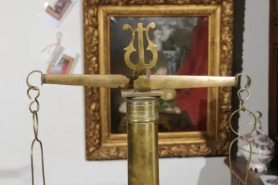 English 19th Century Brass Herbalist Scale with Central Column and Lyre Motif