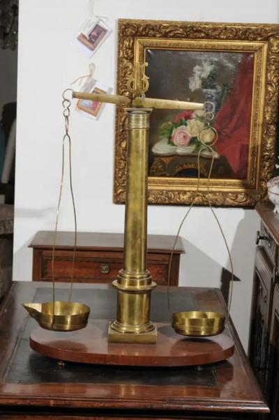 English 19th Century Brass Herbalist Scale with Central Column and Lyre Motif