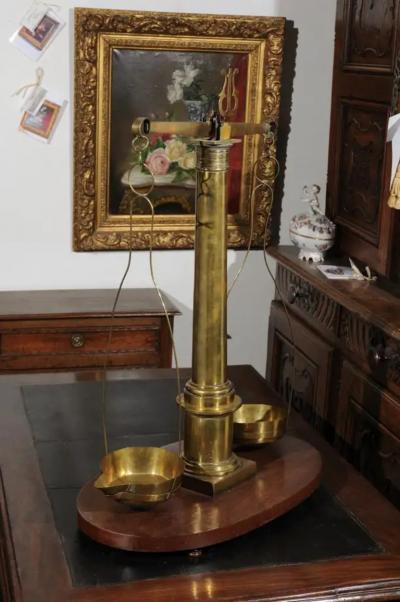 English 19th Century Brass Herbalist Scale with Central Column and Lyre Motif