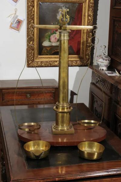 English 19th Century Brass Herbalist Scale with Central Column and Lyre Motif