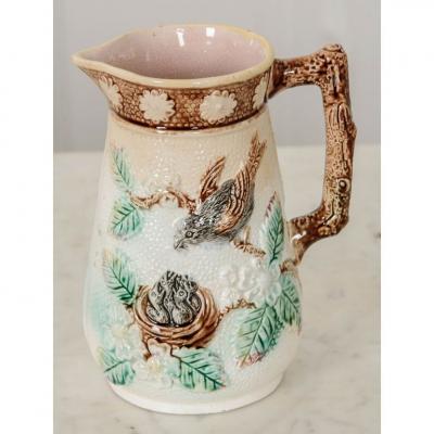 English 19th Century Majolica Bird s Nest Pitcher