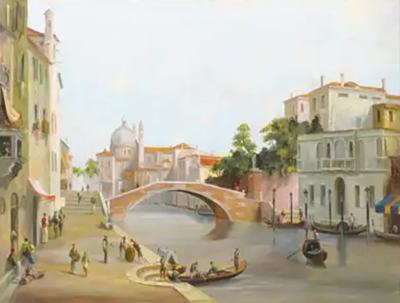 English 19th Century Oil Painting Depicting a Venetian Scene in Carved Frame